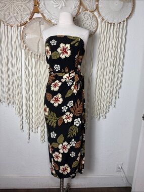 Go Barefoot Strapless Tropical Hawaiian Midi Length Faux Wrap Dress